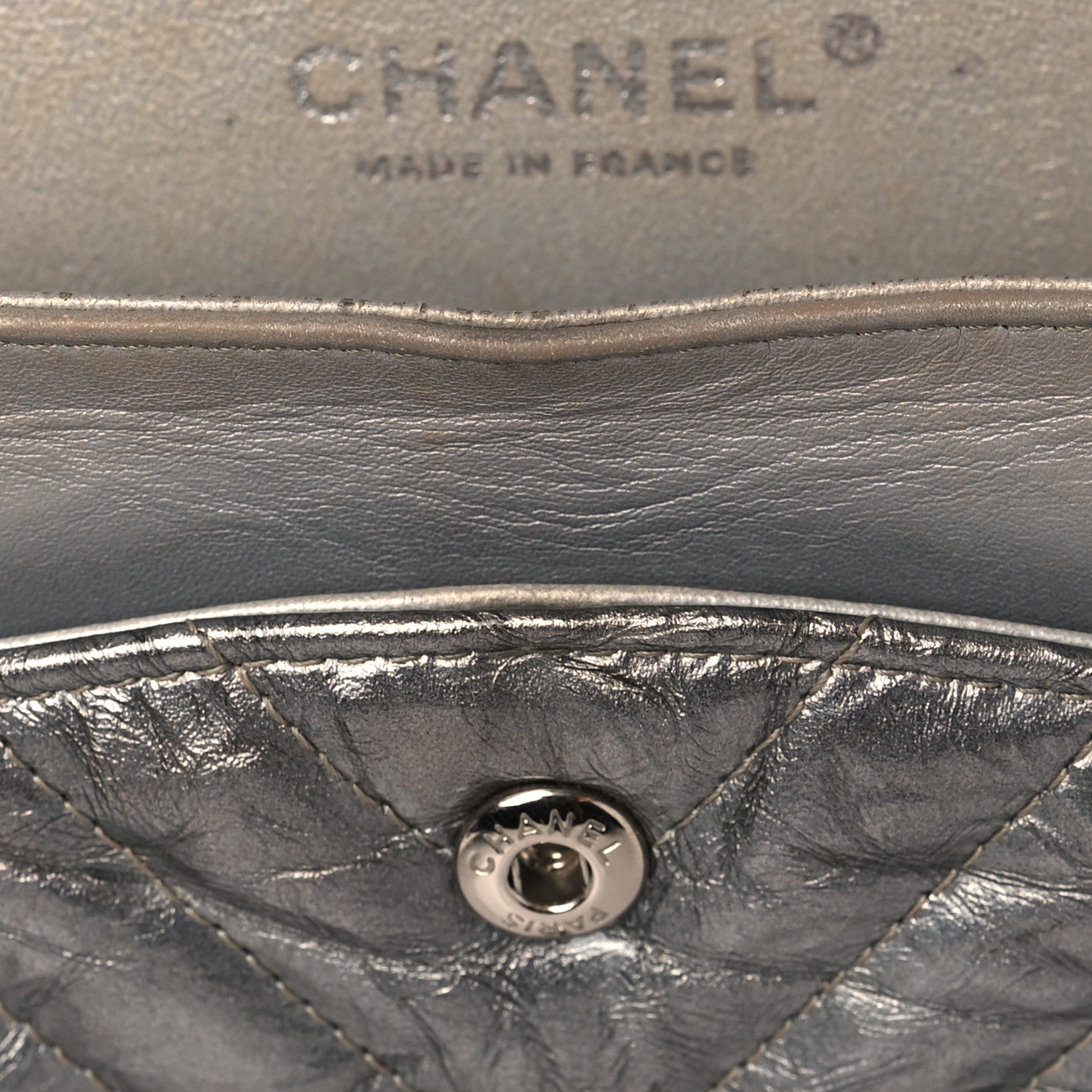 Chanel Metallic Patent Crumpled Calfskin Chevron Quilted Medium Double Flap Silver 11 of 13