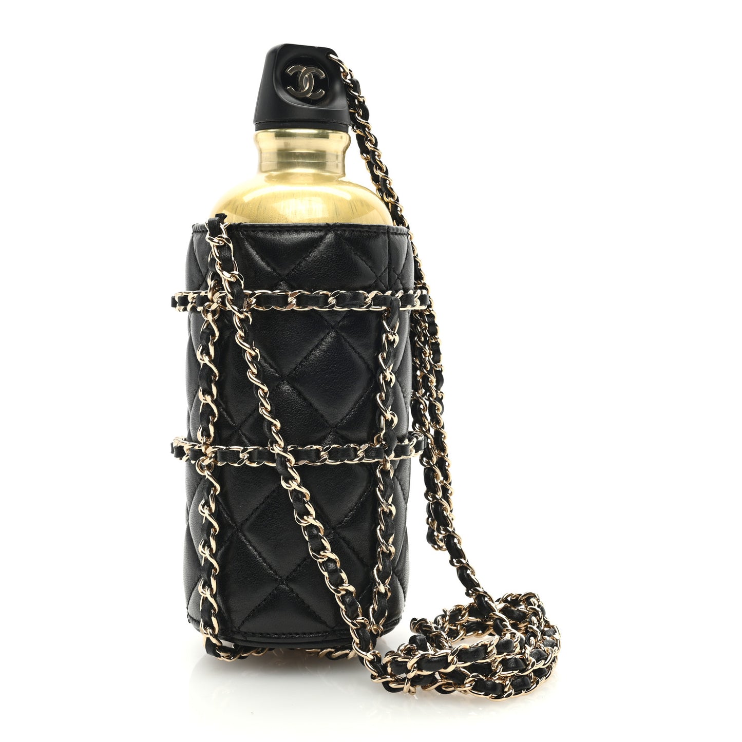 Lambskin Quilted CC To Drink Water Bottle Black Gold