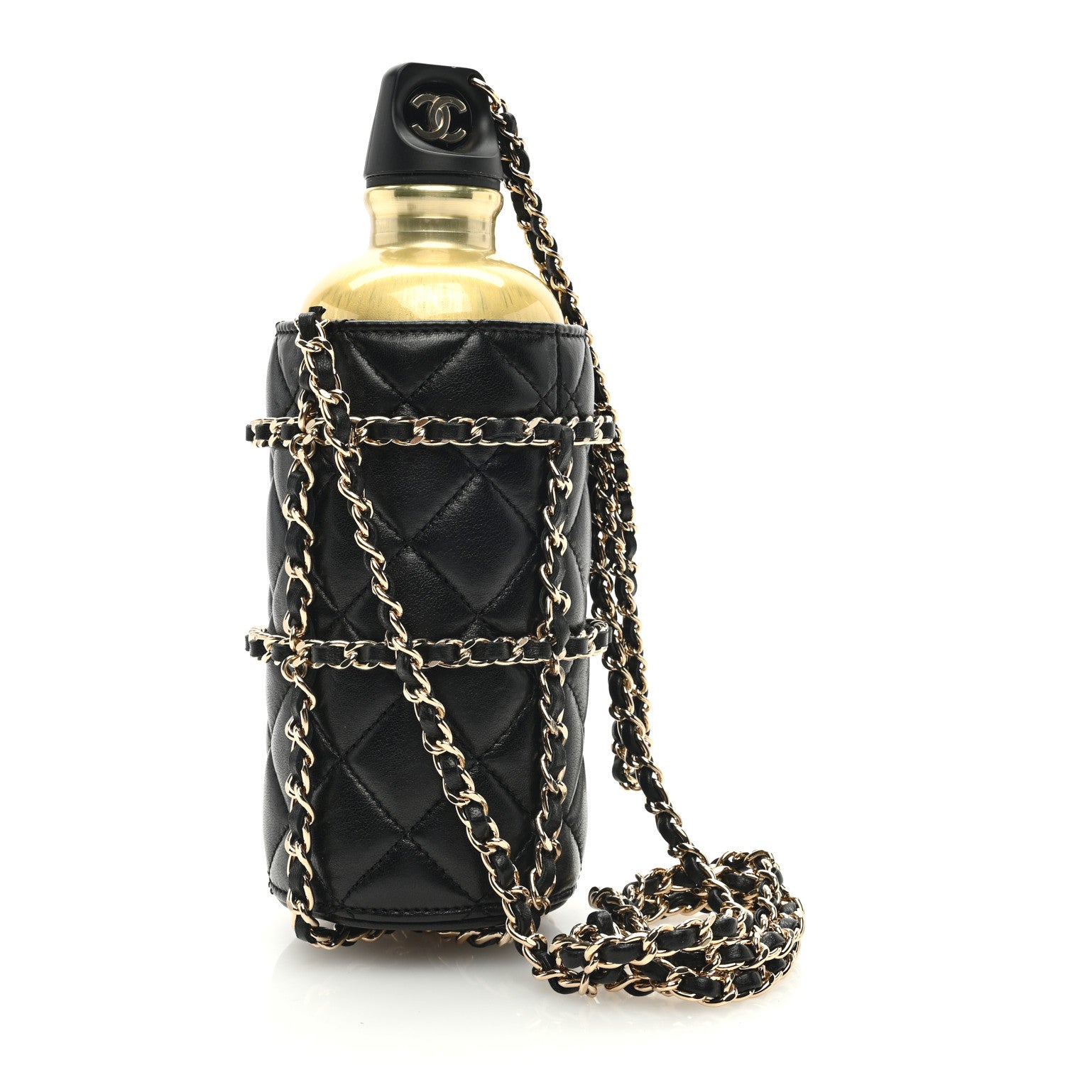 Chanel Lambskin Quilted CC To Drink Water Bottle Black Gold 4 of 11