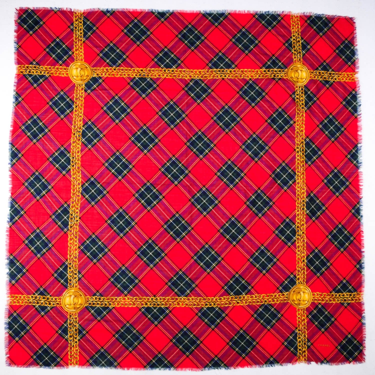 Chanel Silk Cashmere Tartan CC Medallion Shawl Red 3 of 5