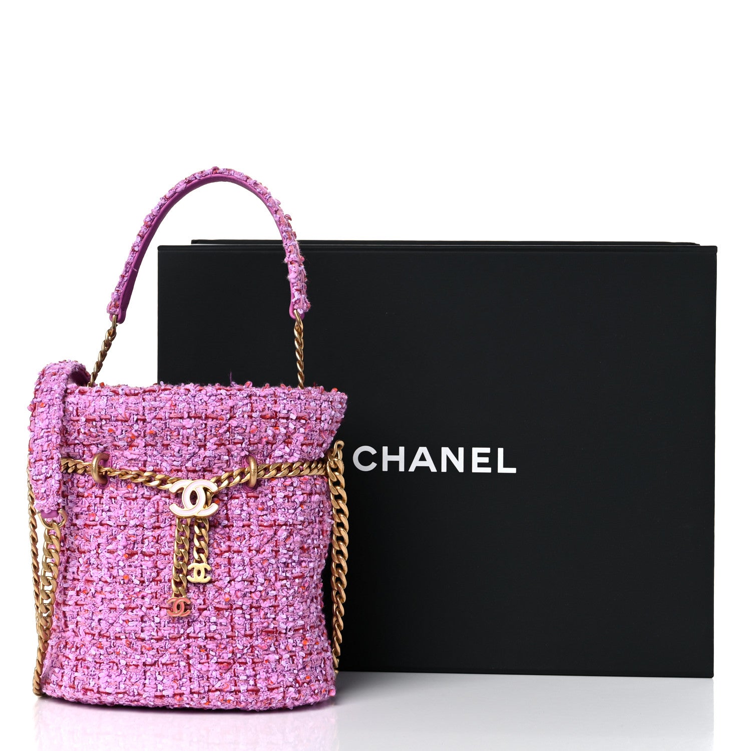 Chanel Tweed Enamel Quilted Pending CC Bucket Drawstring Bag Light Purple Pink Red 12 of 12