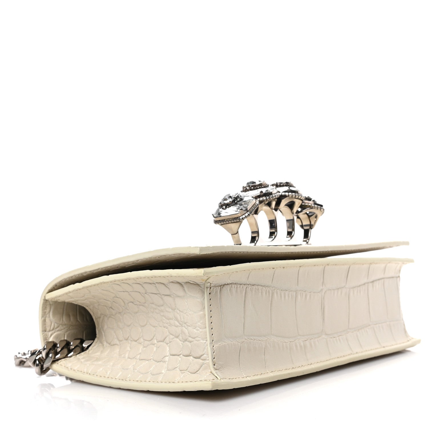 Alexander McQueen Shiny Calfskin Crocodile Embossed Knuckle Jeweled Crossbody White 4 of 12