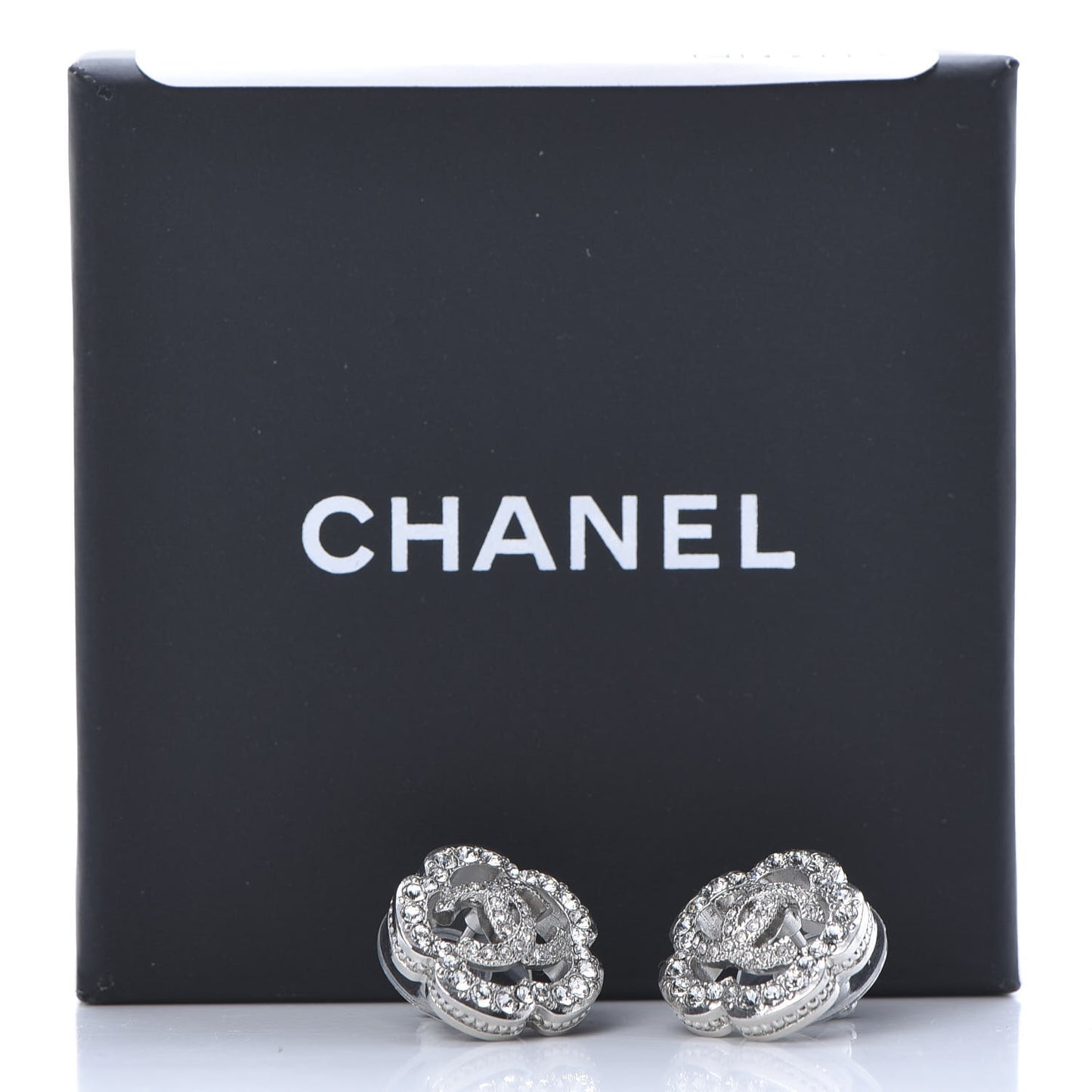 Crystal Coco Flapper Camellia CC Stud Earrings Silver