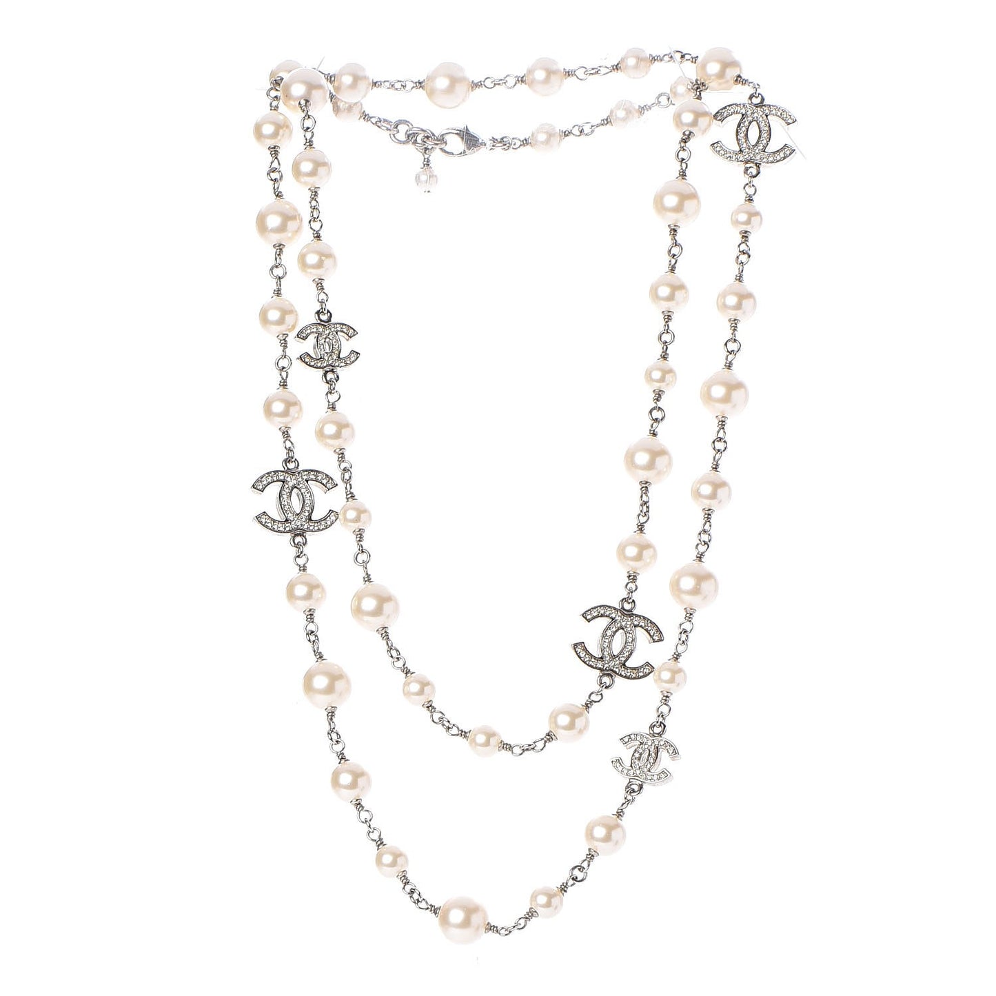 Crystal Pearl CC Long Necklace Silver