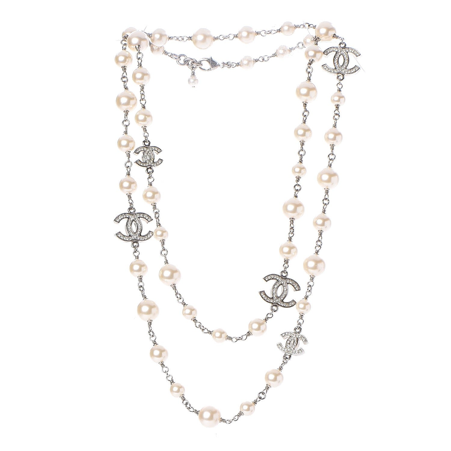 Chanel Crystal Pearl CC Long Necklace Silver 3 of 7