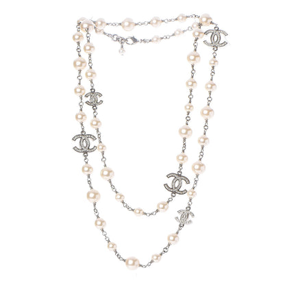 Chanel Crystal Pearl CC Long Necklace Silver 3 of 7