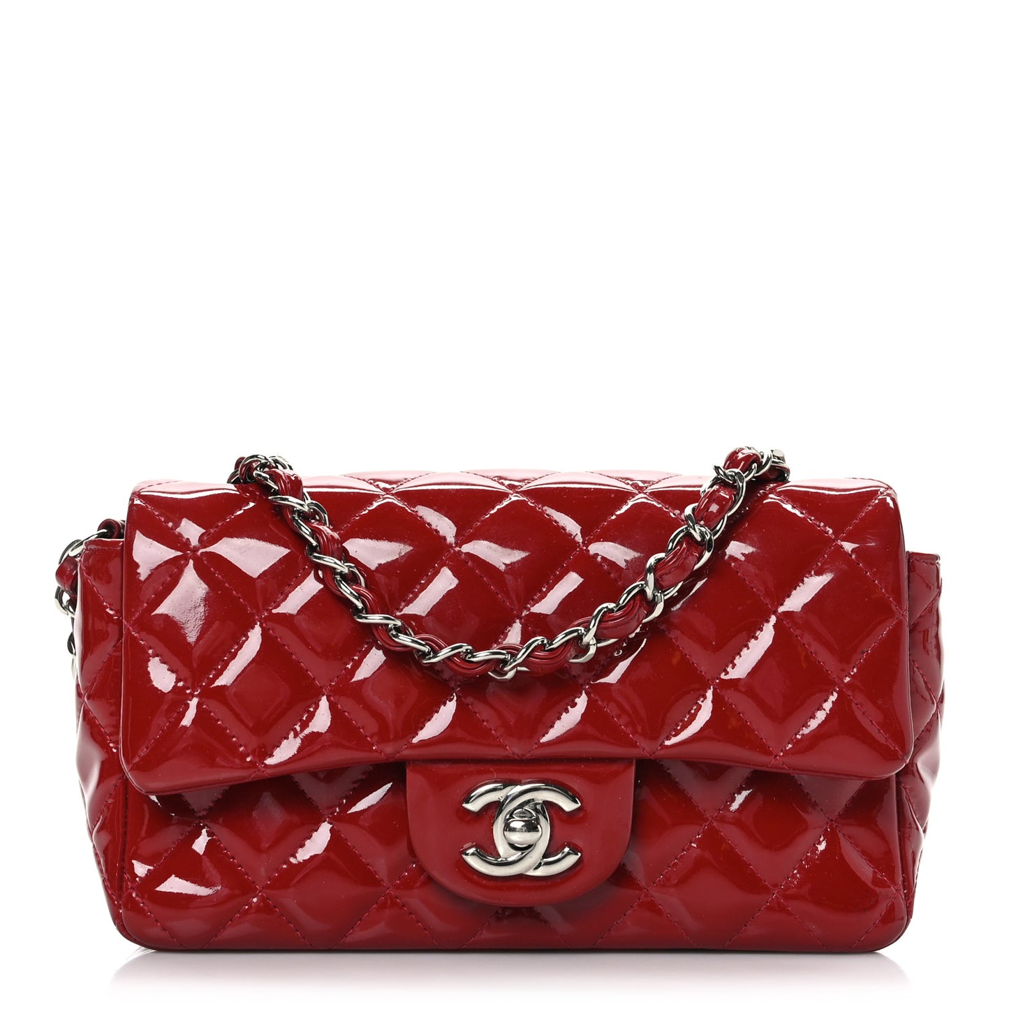 Patent Calfskin Quilted Mini Rectangular Flap Red