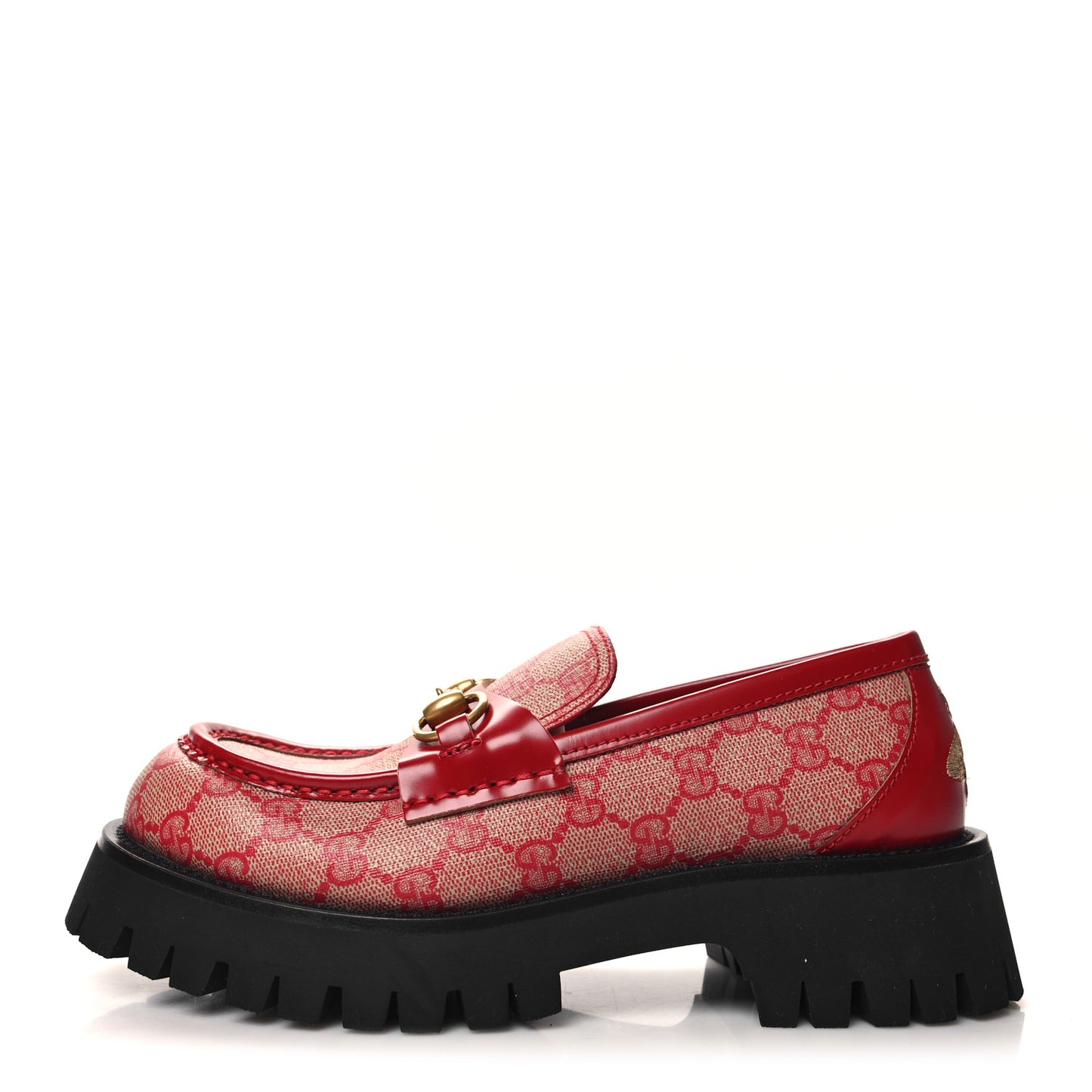GG Supreme Monogram Cordovan Lux Womens Harald Horsebit 25mm Platform Loafers 37.5 Beige Hibiscus Red
