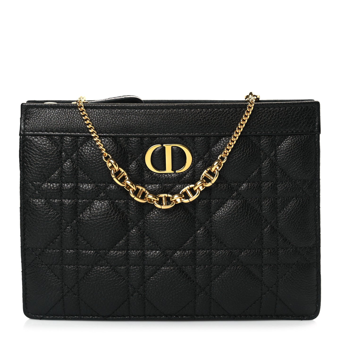 Calfskin Cannage Caro Zipped Pouch With Chain Black