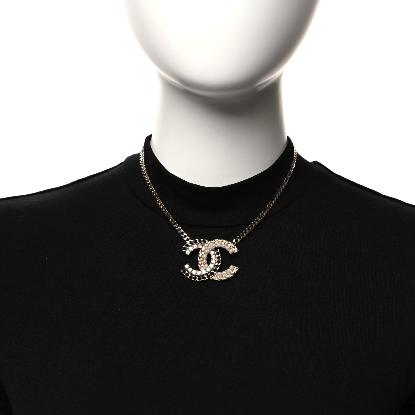 Metal Pearl Crystal Lambskin CC Chain Necklace Gold Black White