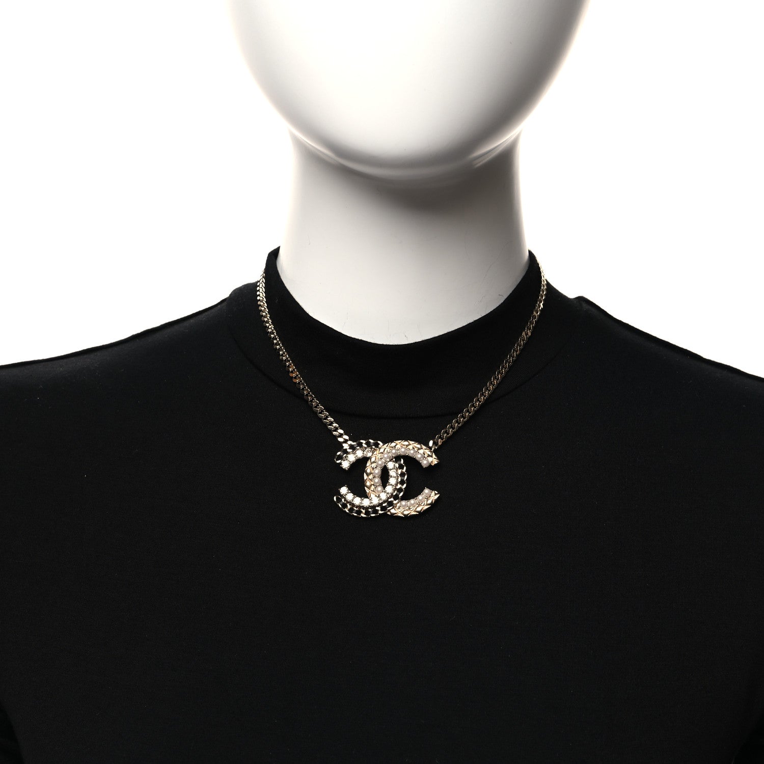 Chanel Metal Pearl Crystal Lambskin CC Chain Necklace Gold Black White 2 of 5