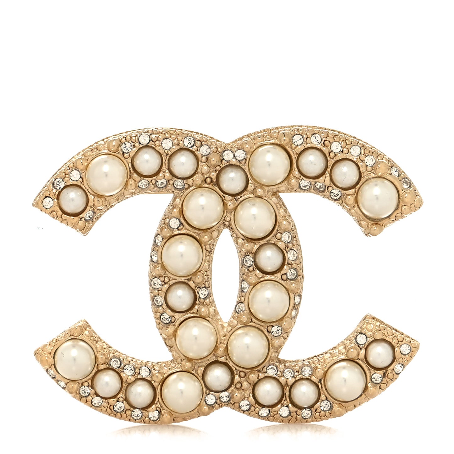 Metal Crystal Graduated Pearl CC Brooch Gold
