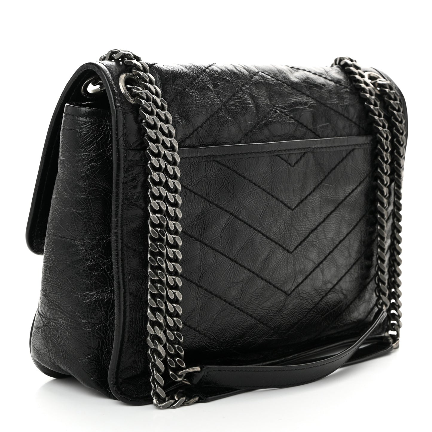Crinkled Calfskin Matelasse Monogram Medium Niki Chain Satchel Black