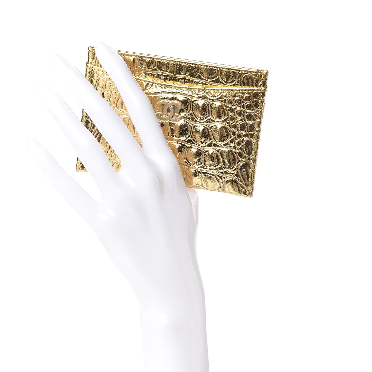 Chanel Metallic Calfskin Crocodile Embossed Cocodile Card Holder Gold 2 of 9