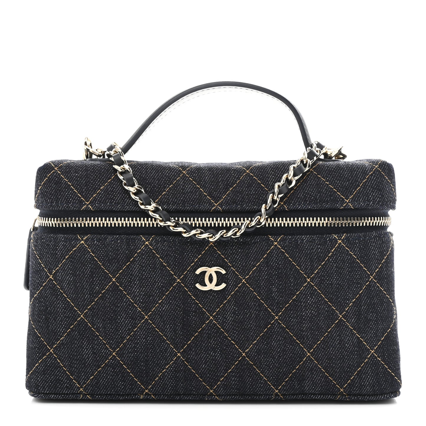 Denim Quilted Top Handle Slim Vanity Case With Chain Dark Blue Orange