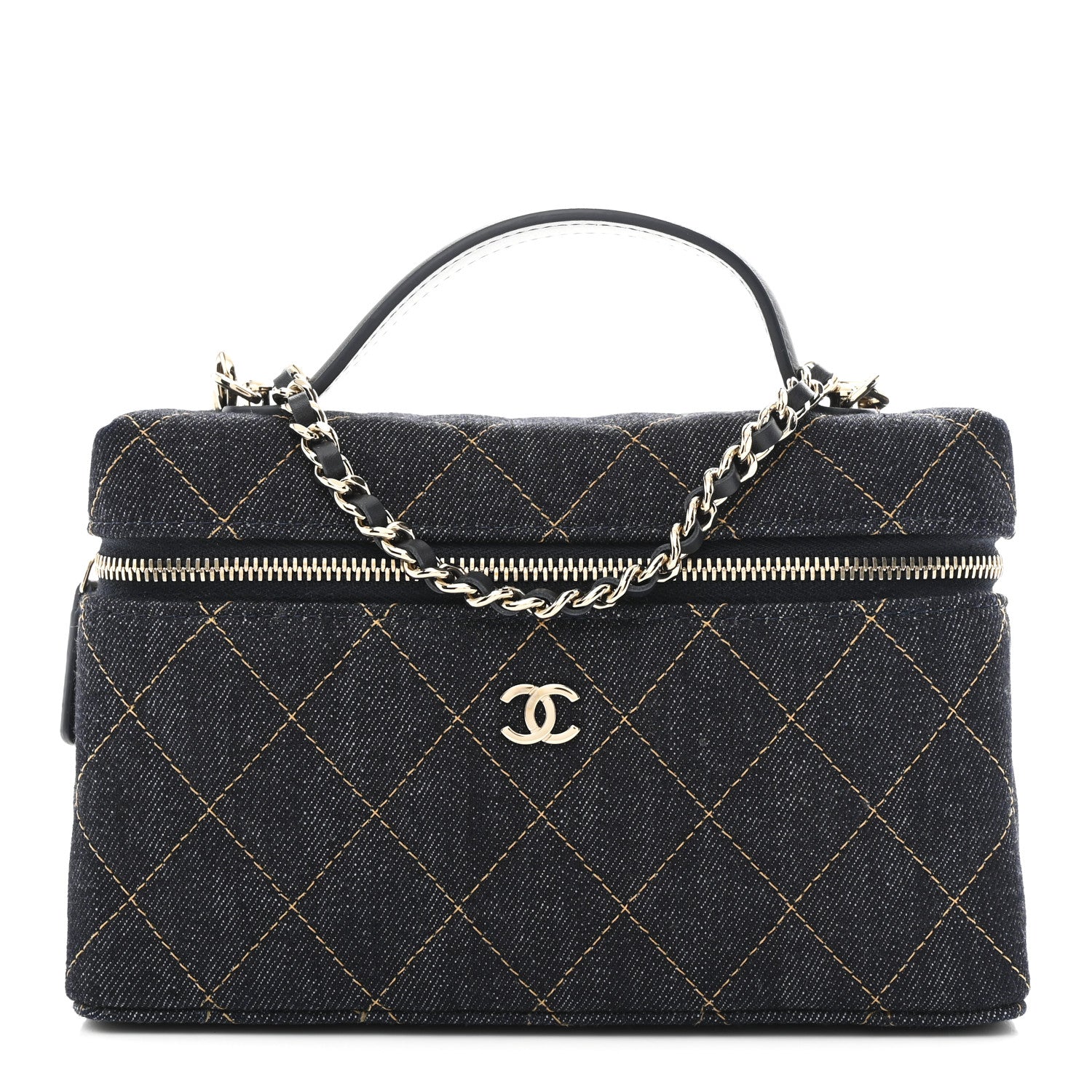 Chanel Denim Quilted Top Handle Slim Vanity Case With Chain Dark Blue Orange 1 of 11