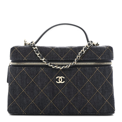 Chanel Denim Quilted Top Handle Slim Vanity Case With Chain Dark Blue Orange 1 of 11