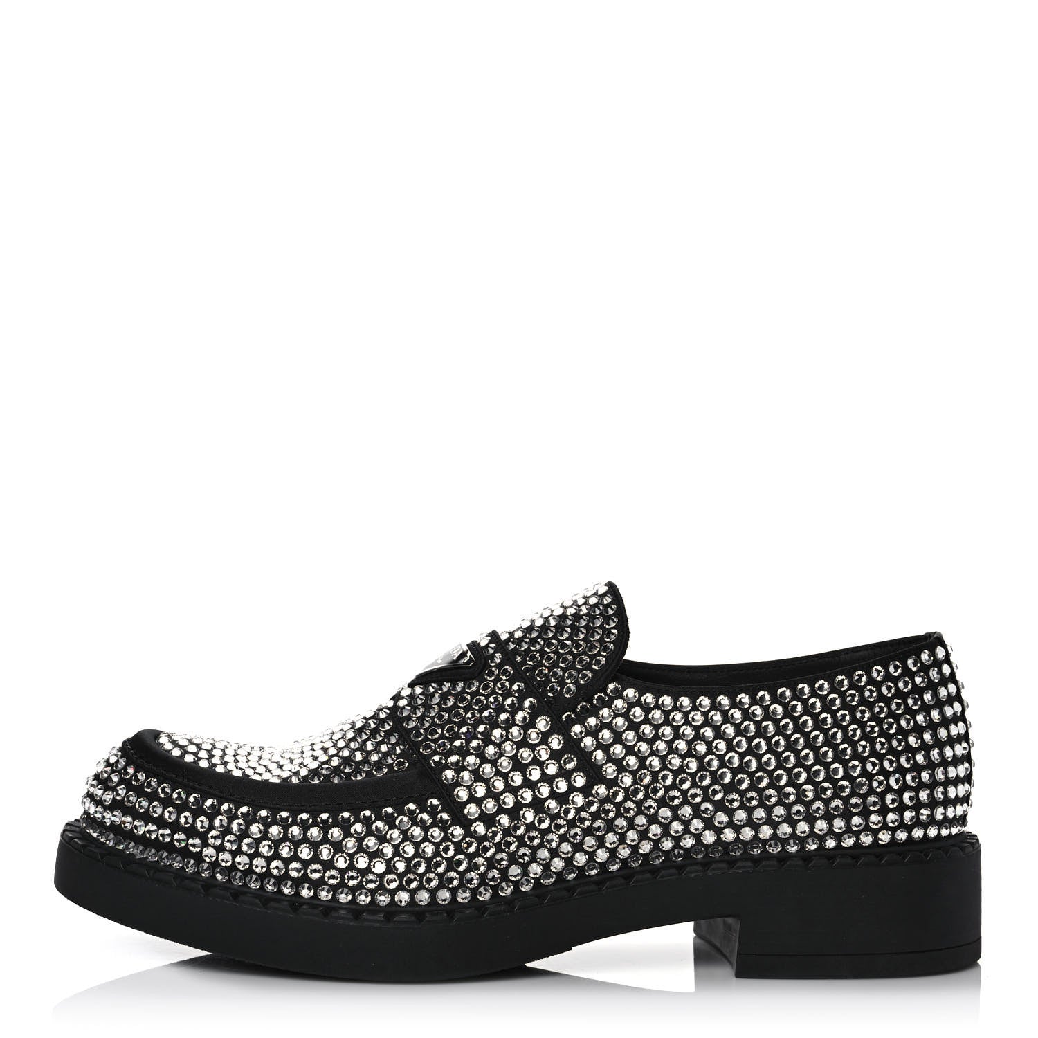 Prada Satin Crystal Metal Triangle Logo Mens Loafers 8 Crystal 1 of 9