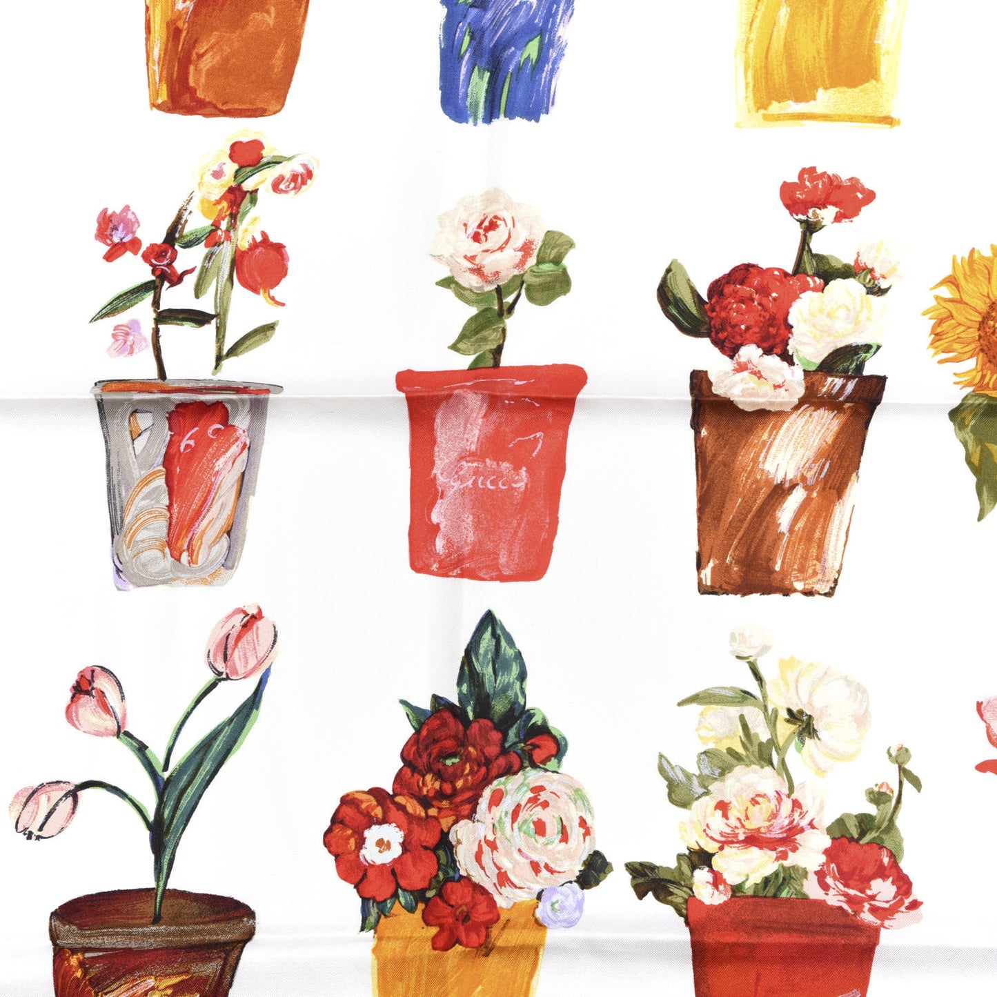 Silk Flower Pot Printed Scarf White