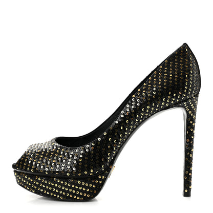 Louis Vuitton Sequin Peep Toe Platform Pumps 39 Black Gold 1 of 11