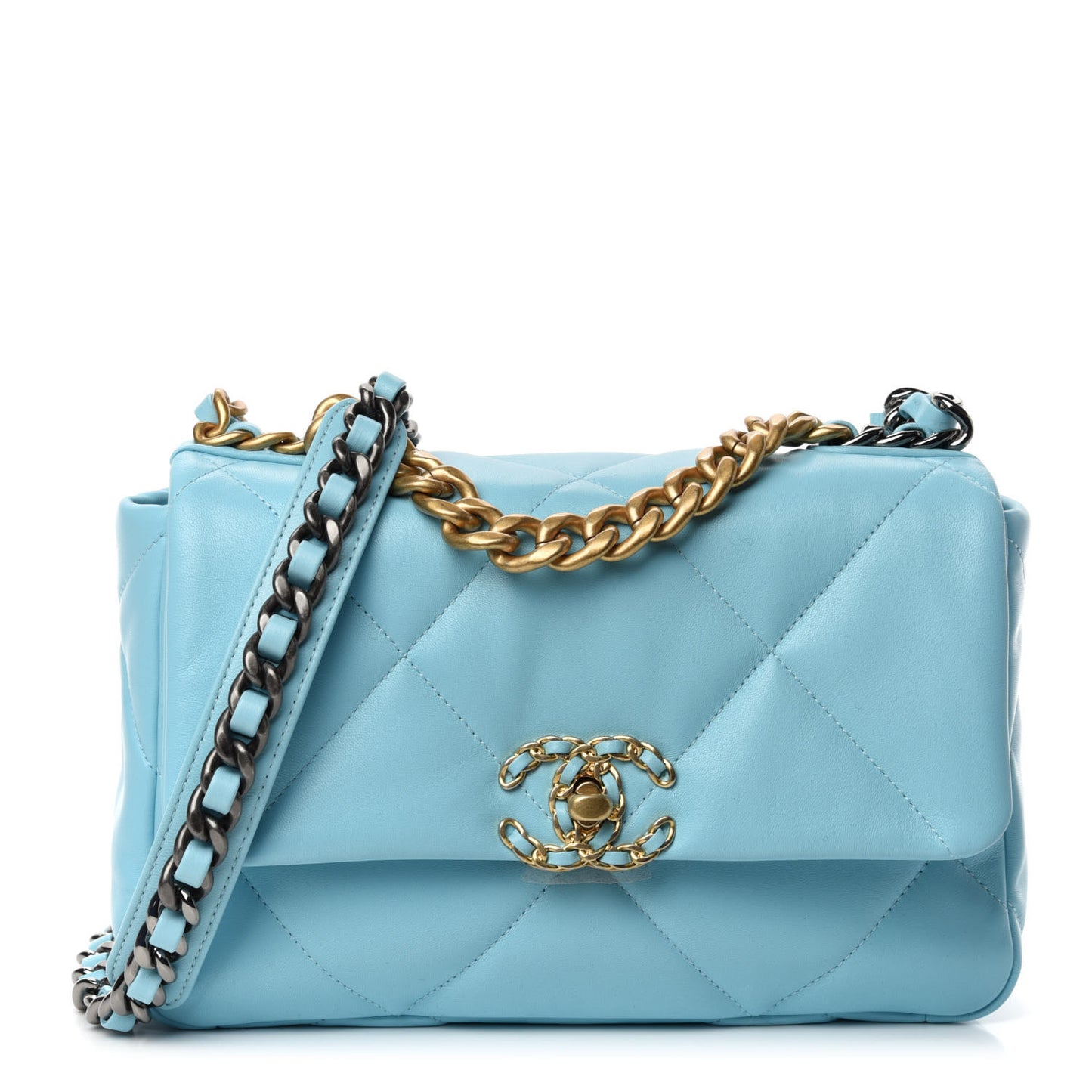 Shiny Lambskin Quilted Medium Chanel 19 Flap Light Blue