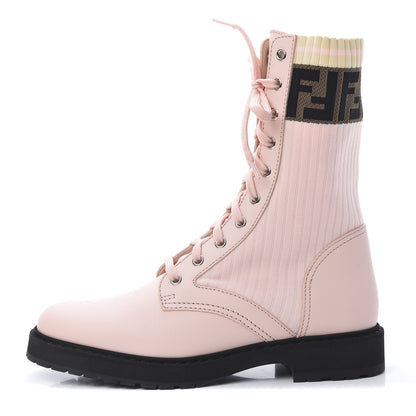 Fendi Calfskin Stretch Fabric Rockoko Biker Boots 38 Rose Clair Tobacco 1 of 8