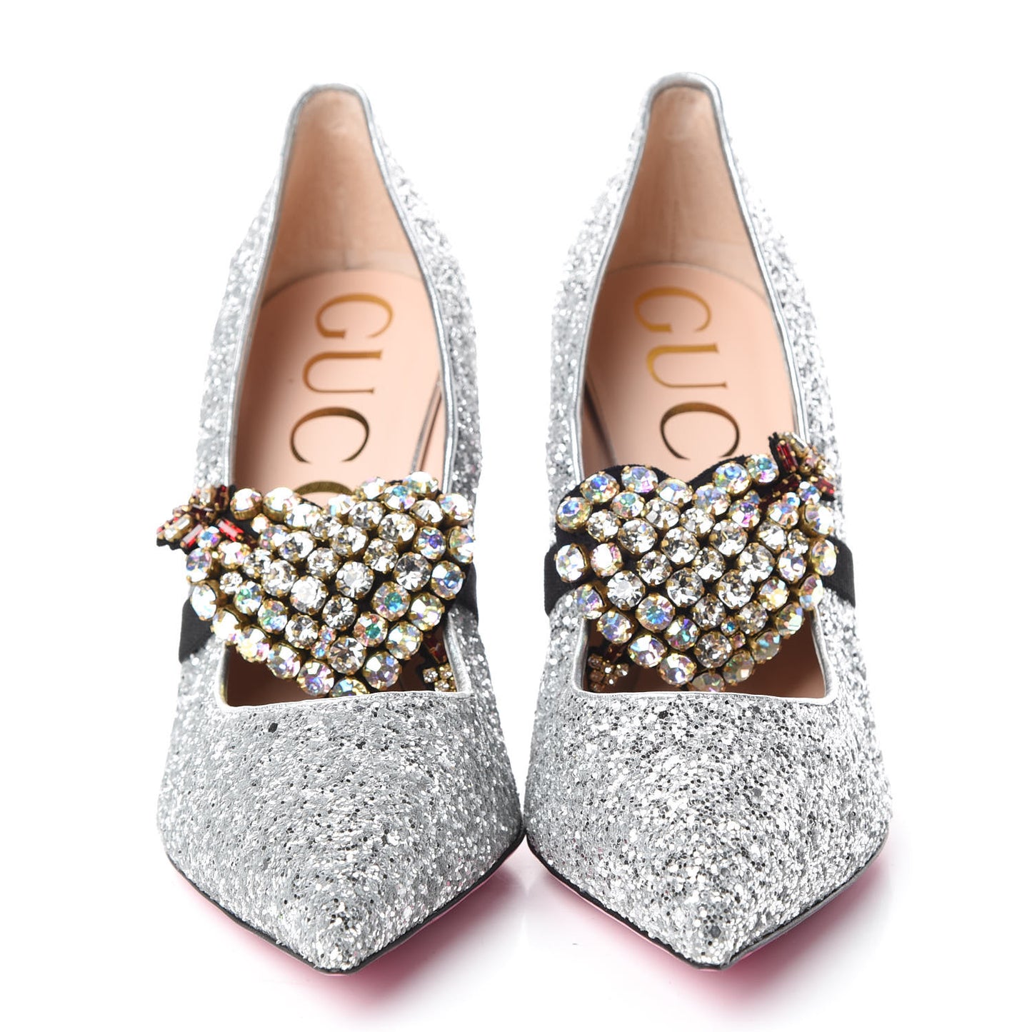 Nappa Silk Crystal Removable Heart Pumps 40 Argento