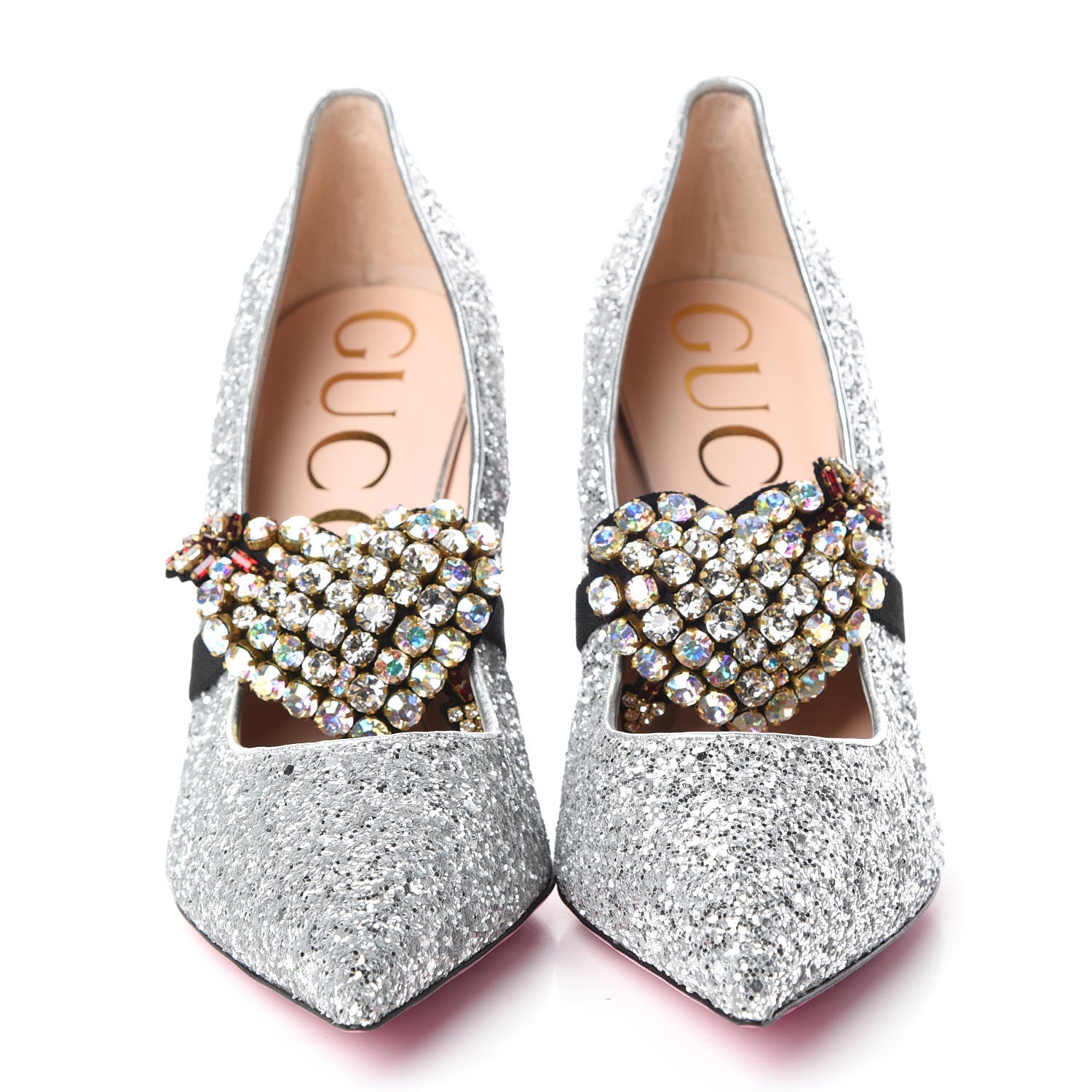 Gucci Nappa Silk Crystal Removable Heart Pumps 40 Argento 2 of 8