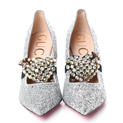 Gucci Nappa Silk Crystal Removable Heart Pumps 40 Argento 2 of 8