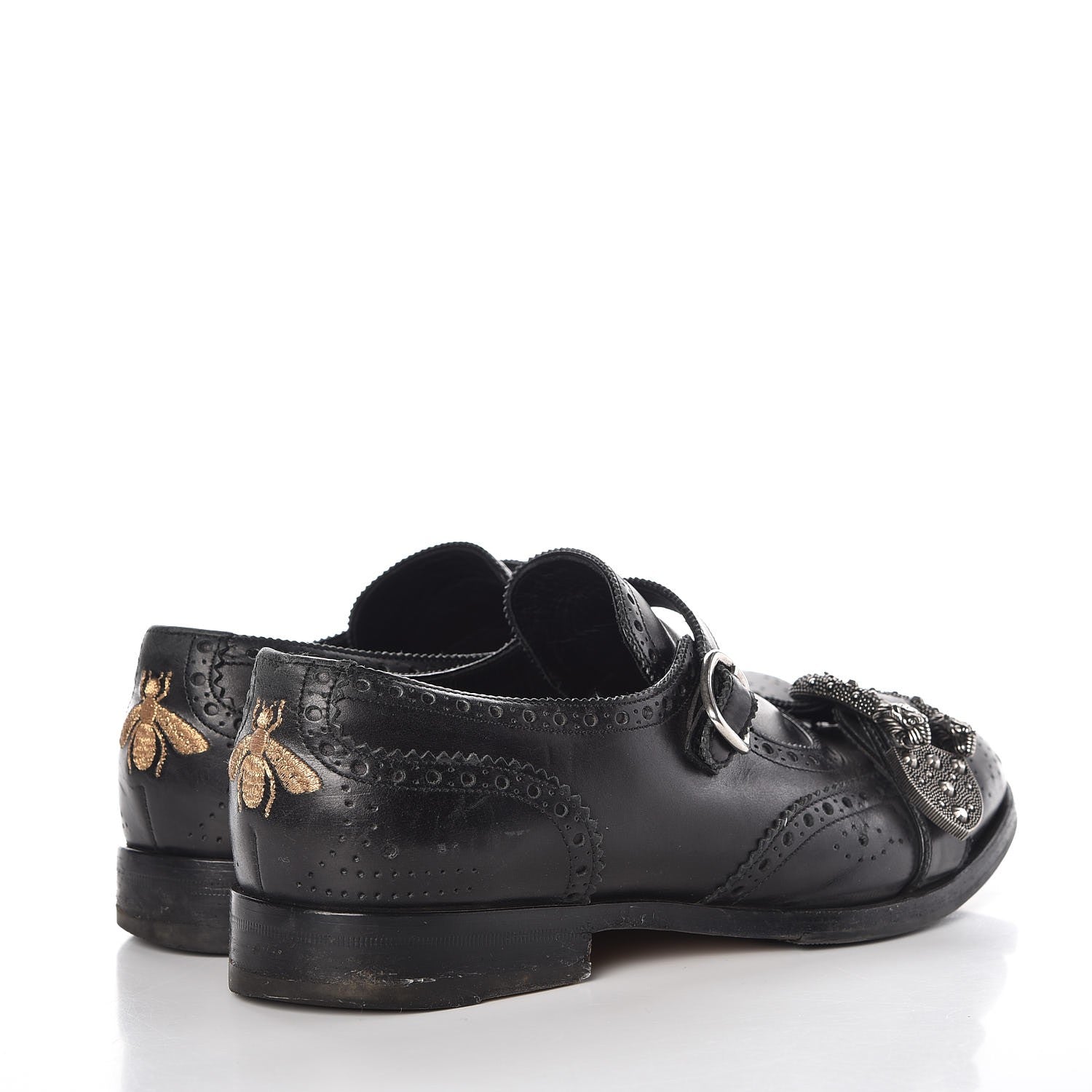 Gucci Calfskin Bee Embroidered Mens Queercore Brogue Wingtip Monk Strap Loafers 7.5 Black 4 of 17