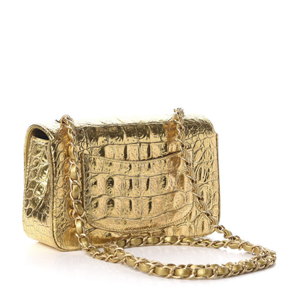 Chanel Metallic Calfskin Crocodile Embossed Cocodile Rectangular Mini Flap Gold 3 of 11