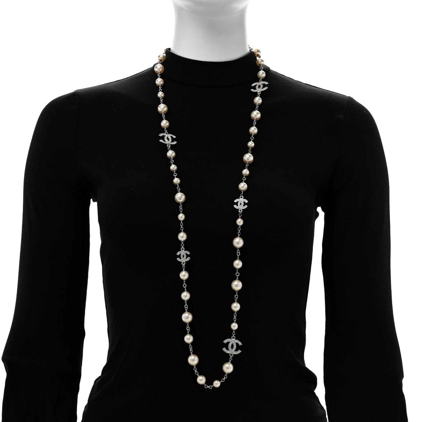 Crystal Pearl CC Long Necklace Silver Pearly White