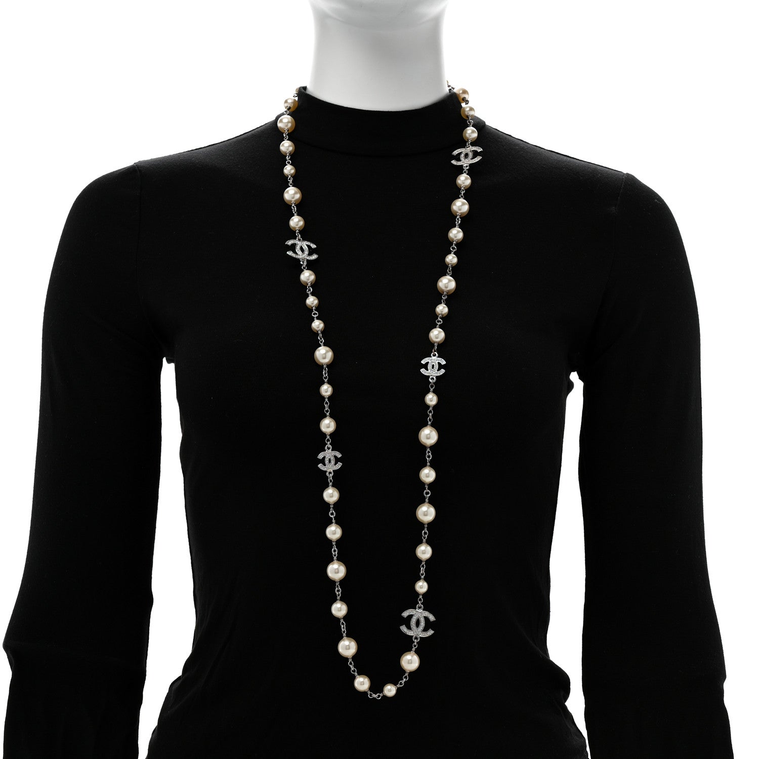 Chanel Crystal Pearl CC Long Necklace Silver Pearly White 2 of 8