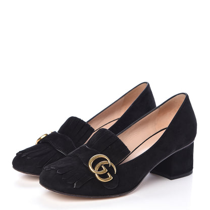Gucci Kid Scamosciato GG Marmont Fringe 50mm Loafer Pumps 38.5 Black 3 of 12