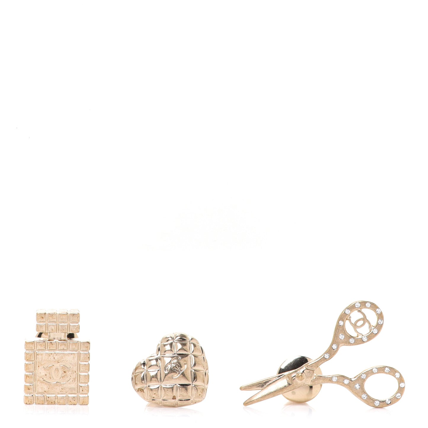 Metal Strass Crystal Quilted CC Heart Scissors Perfume Brooch Set Gold