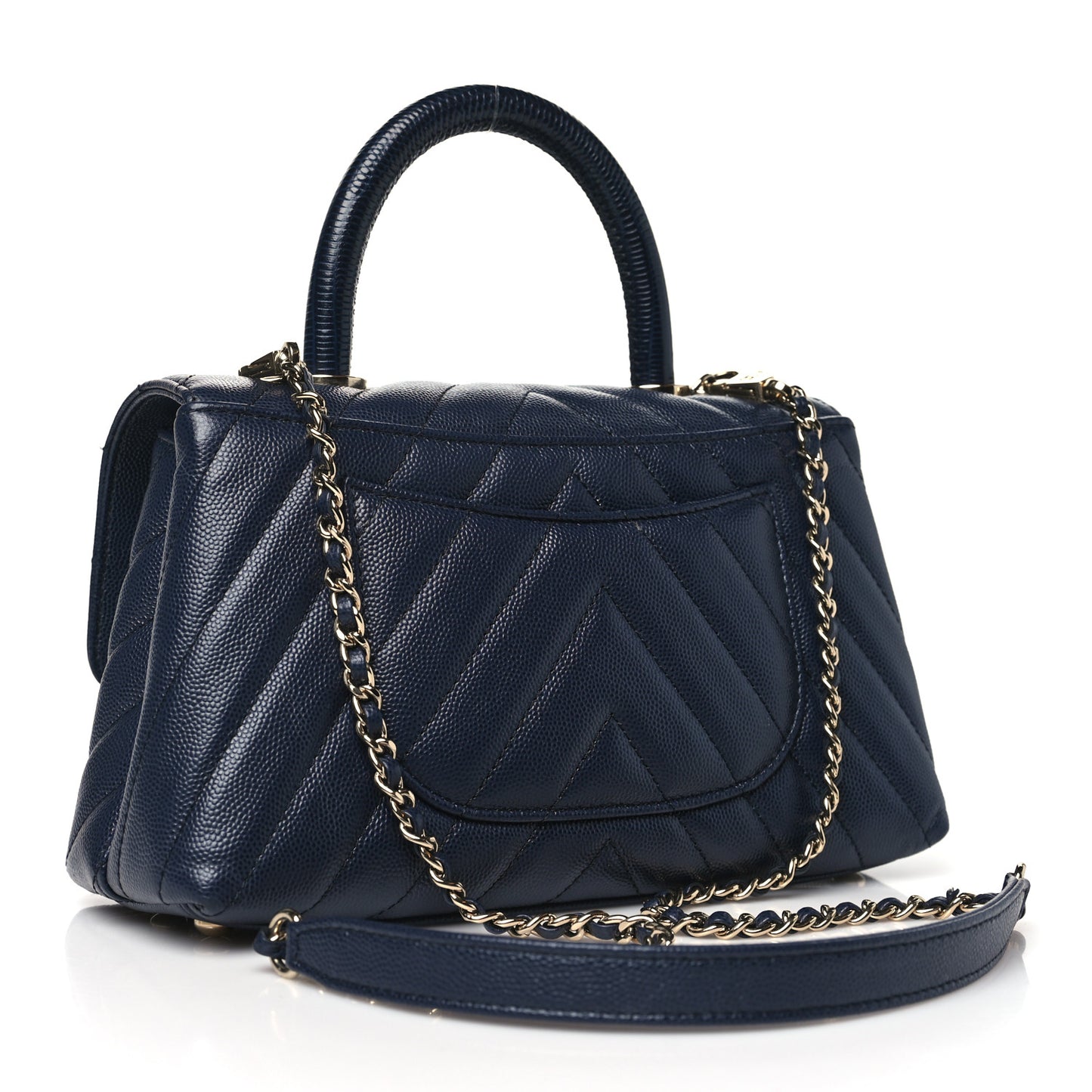 Caviar Lizard Chevron Quilted Mini Coco Handle Flap Navy