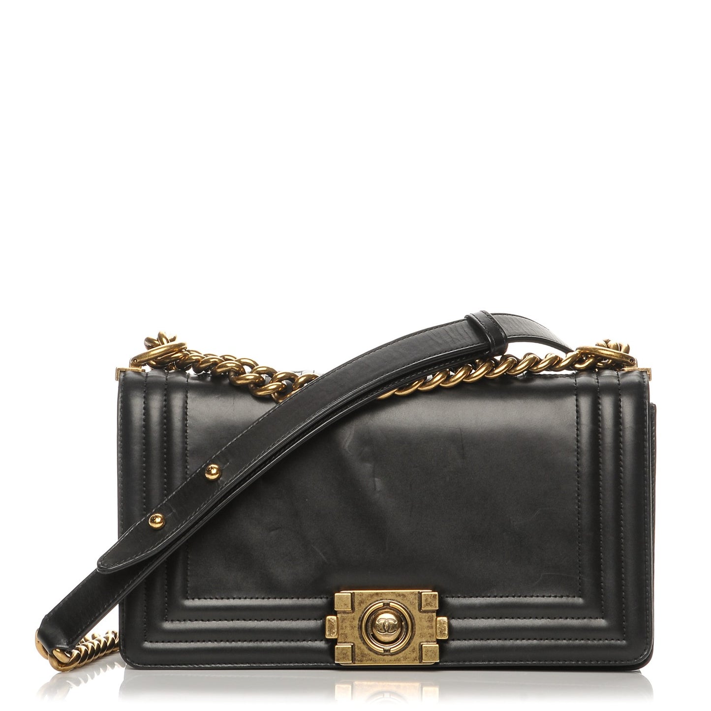 Glazed Calfskin Medium Boy Flap Black