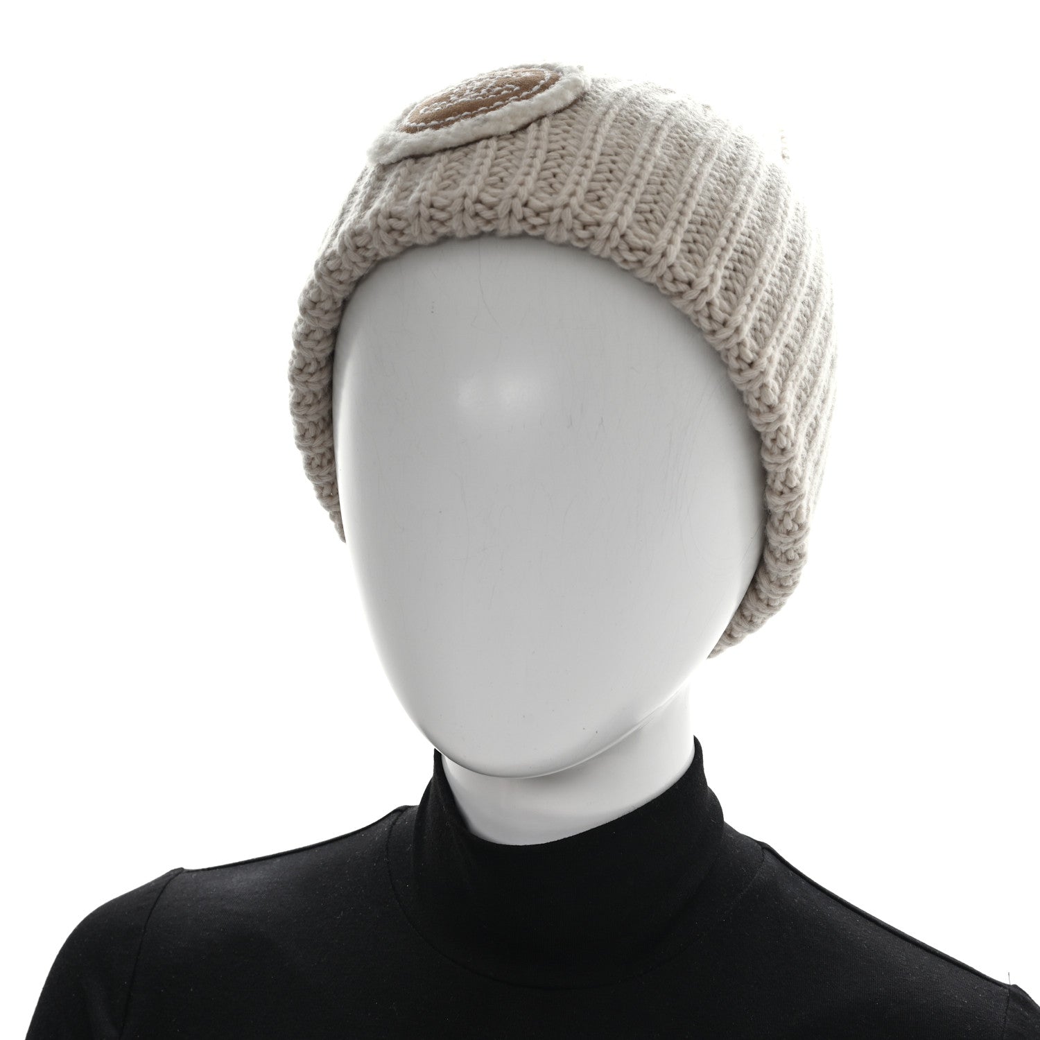Chanel Wool Cashmere Sheepskin Shearling CC Patch Beanie Hat  Ecru Dark Beige 2 of 5