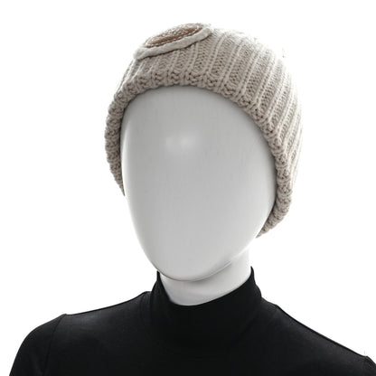 Chanel Wool Cashmere Sheepskin Shearling CC Patch Beanie Hat  Ecru Dark Beige 2 of 5