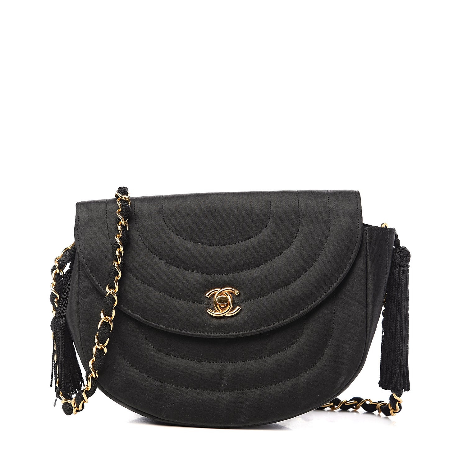 Satin Quilted Flap Shoulder Bag Black