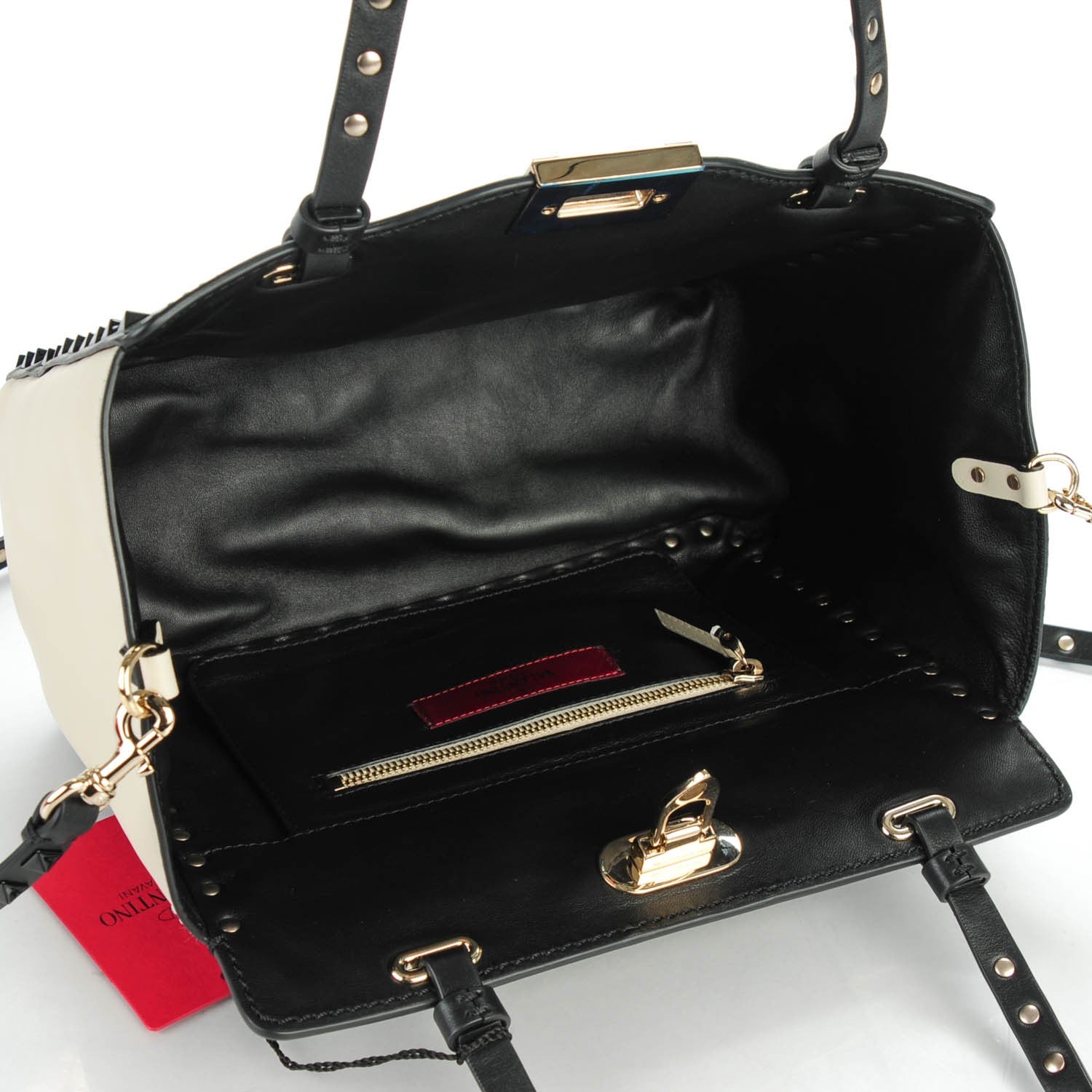 Valentino Garavani Vitello Monochrome Small Rockstud Tote Black Light Ivory 5 of 7