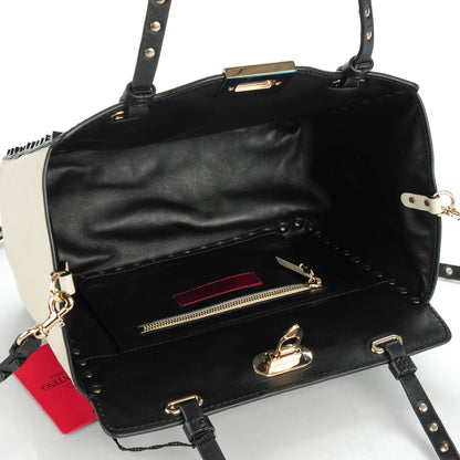 Valentino Garavani Vitello Monochrome Small Rockstud Tote Black Light Ivory 5 of 7