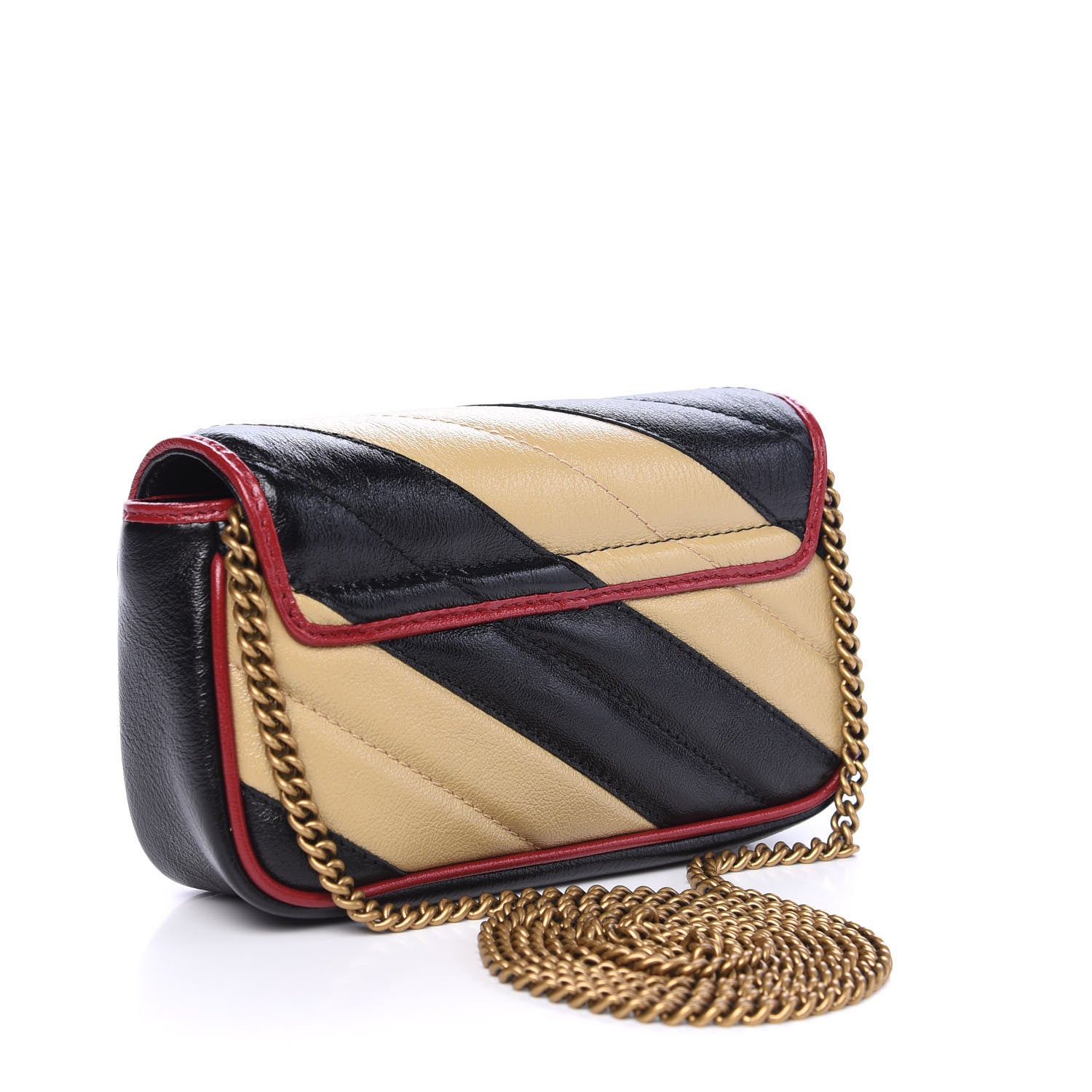 Gucci Vintage Effect Calfskin Matelasse Diagonal Striped Super Mini Torchon GG Marmont Shoulder Bag Black Beige 2 of 9