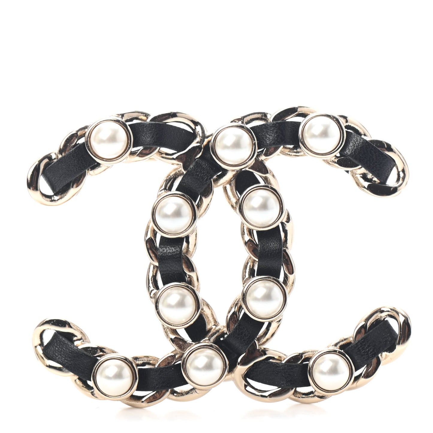 Lambskin Pearl CC Chain Brooch Black Gold