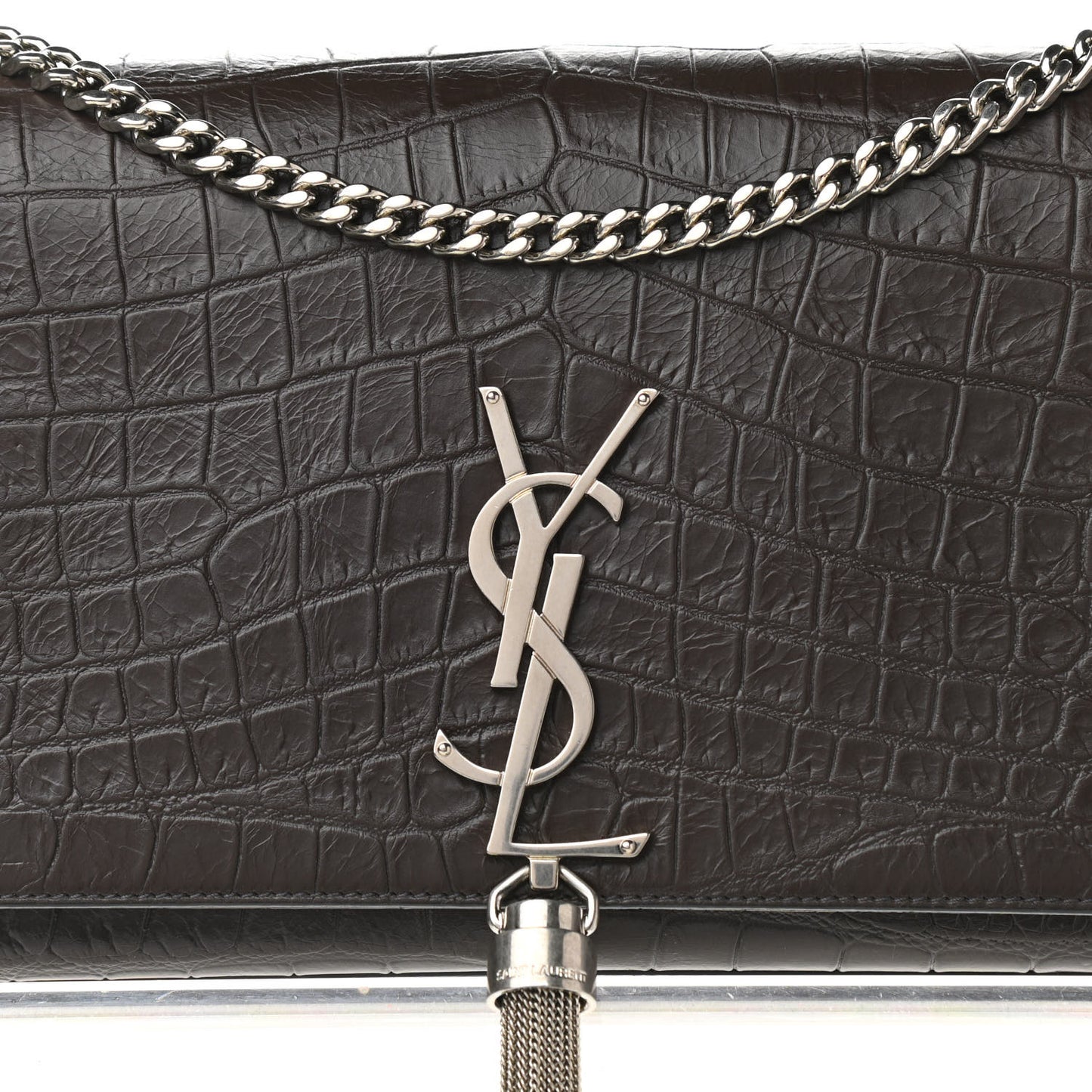 Calfskin Crocodile Embossed Medium Classic Monogram Kate Tassel Satchel Dark Brown