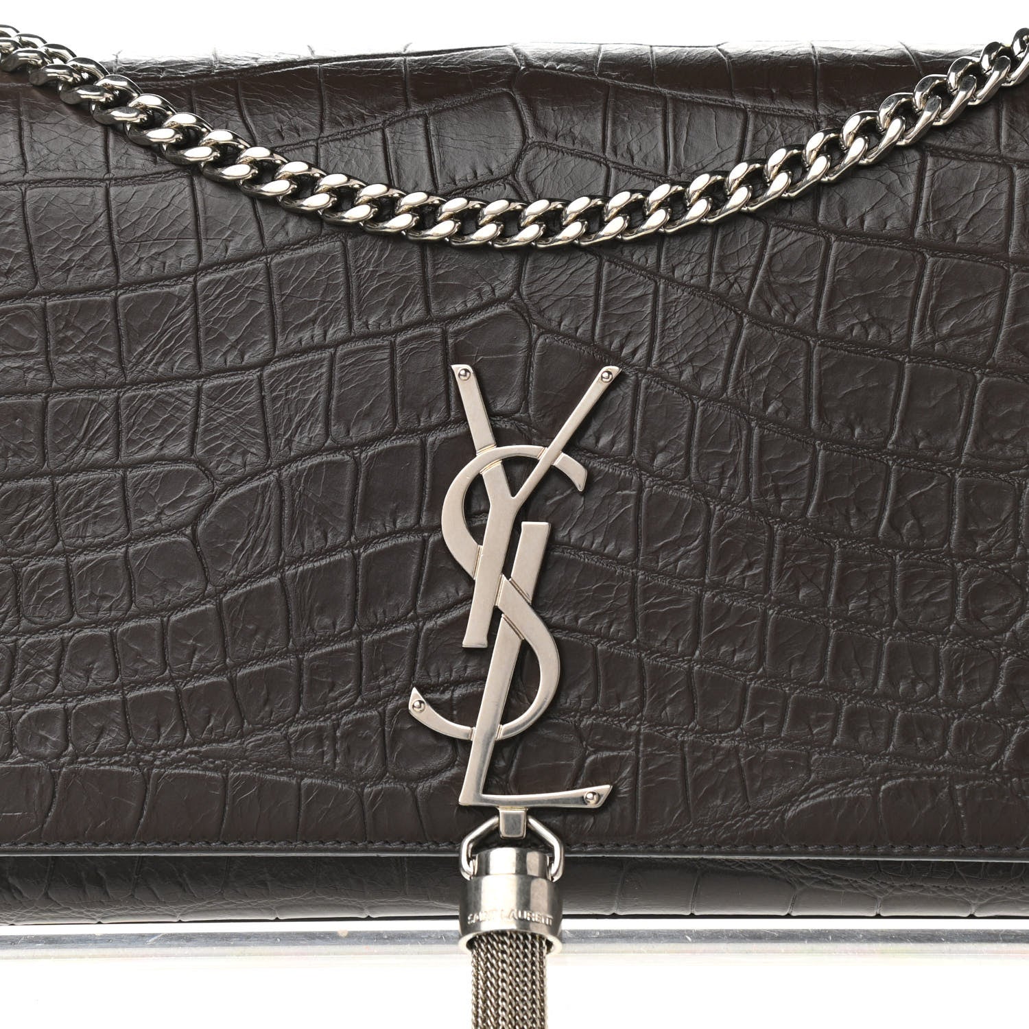 Saint Laurent Calfskin Crocodile Embossed Medium Classic Monogram Kate Tassel Satchel Dark Brown 8 of 10
