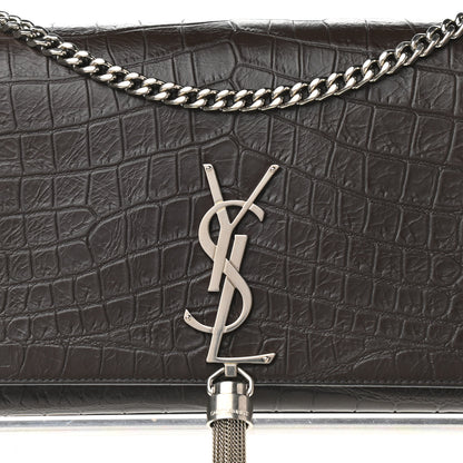 Saint Laurent Calfskin Crocodile Embossed Medium Classic Monogram Kate Tassel Satchel Dark Brown 8 of 10