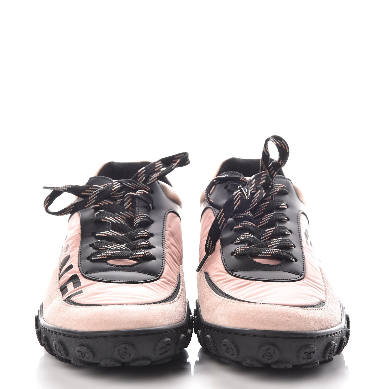 Chanel Nylon Calfskin Suede CC Womens Sneakers 37.5 Pink Black 2 of 9