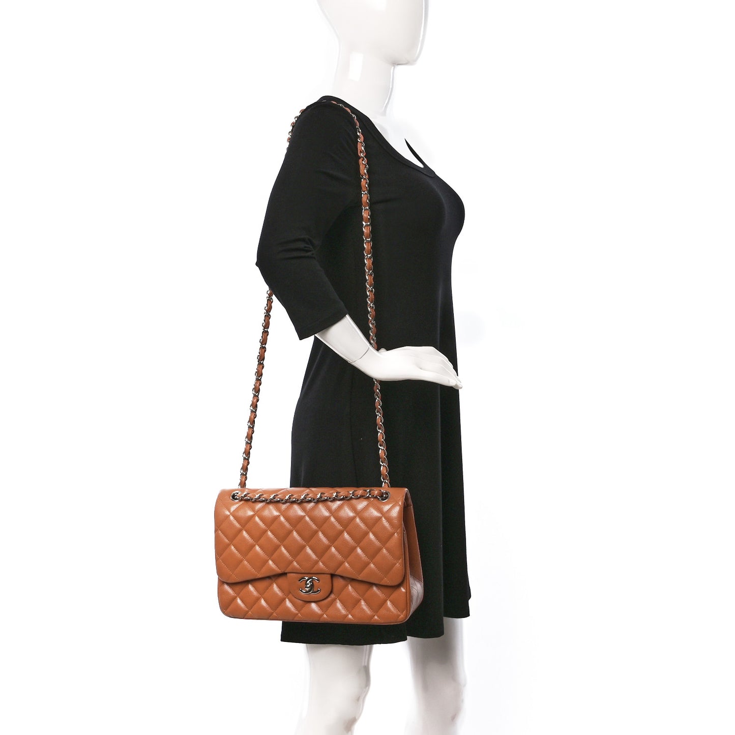 Caviar Quilted Jumbo Double Flap Light Brown