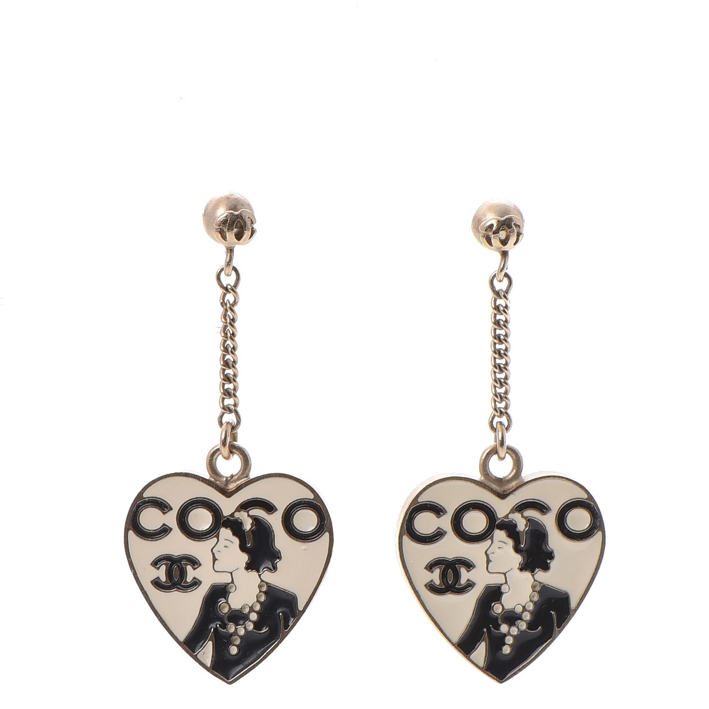 Enamel Coco Mademoiselle Heart Dangle Earrings Black Gold